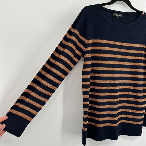 JAEGER Vintage Navy Blue Gold Metallic Striped Wool Lightweight Sweater Large - Picture 3 of 5